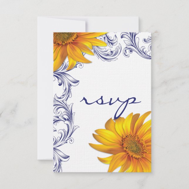 Ornate Royal Blue and Yellow Sunflowers RSVP (Anverso)