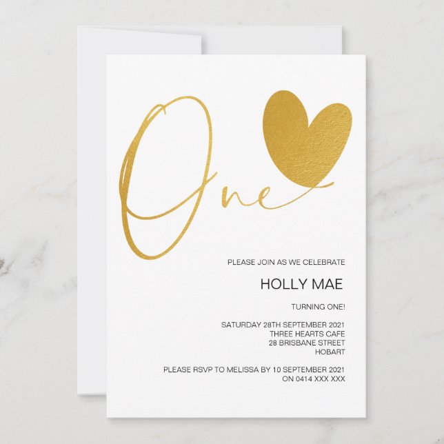 Oro 1er cumpleaños Invitación un cumpleaños Corazó (Anverso)