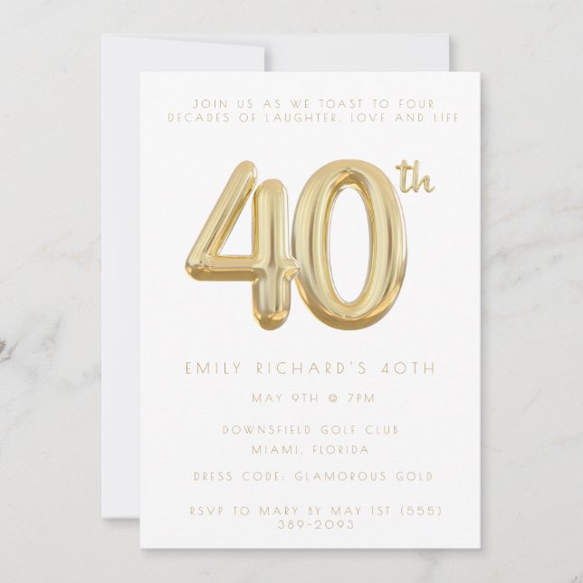 Oro 40.º Fiesta de cumpleaños Invitación en globo (Anverso)