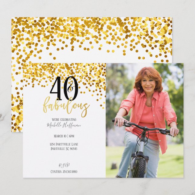 Oro 40 y fabulosas invitaciones para fiestas de cu (Anverso / Reverso)
