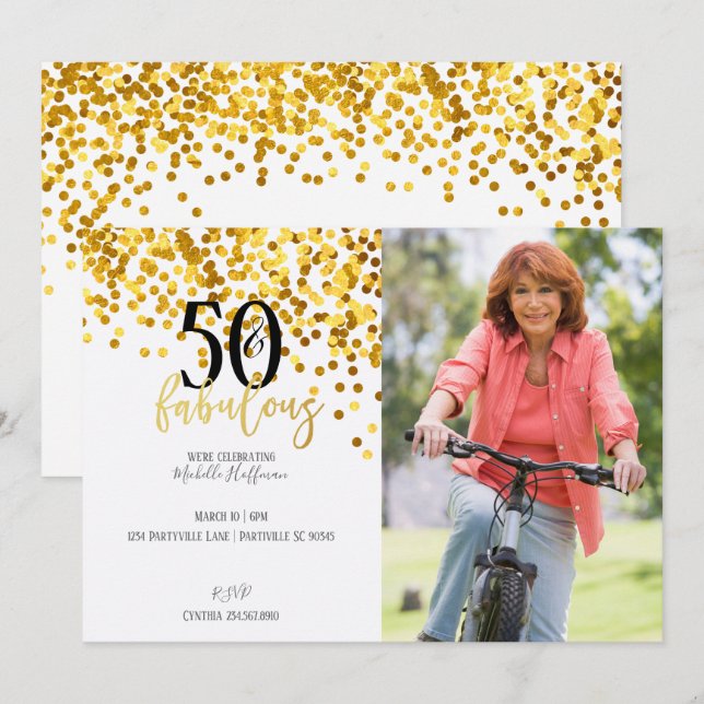 Oro 50 y fabulosas invitaciones para fiestas de cu (Anverso / Reverso)