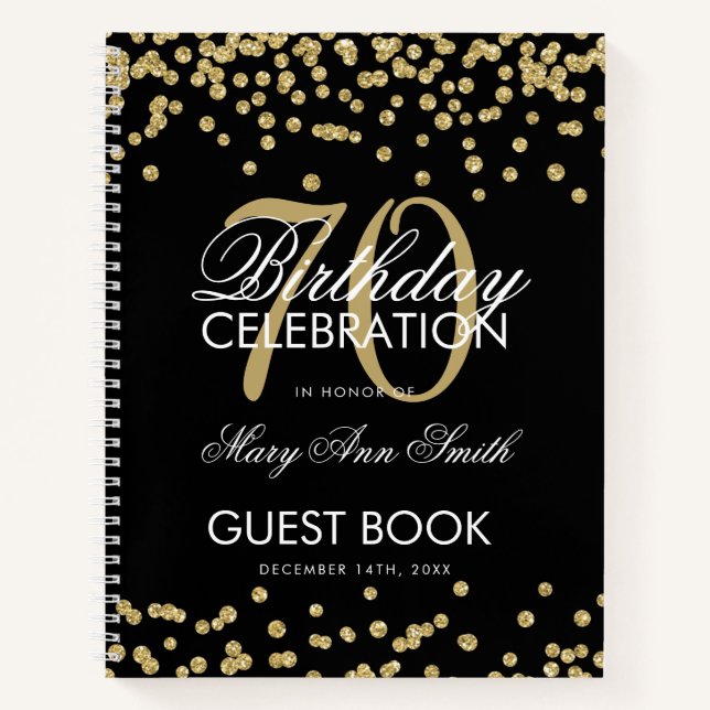 Oro 70 cumpleaños libro de visitas Confetti Black (Anverso)