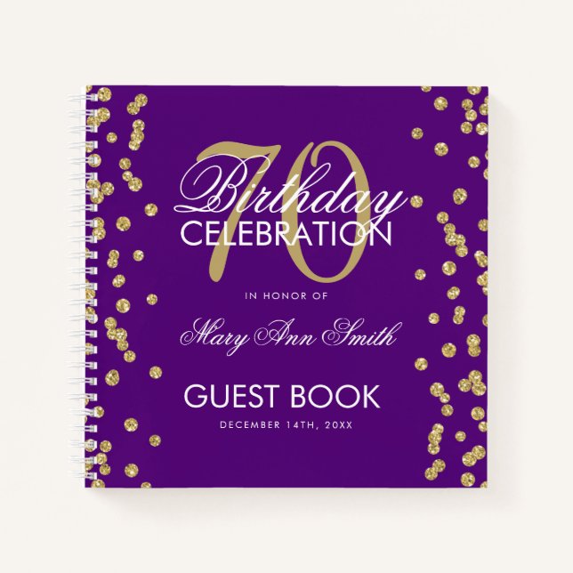Oro 70 cumpleaños libro de visitas Confetti Purple (Anverso)