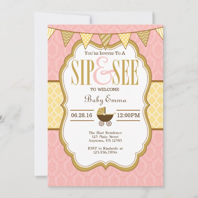 Oro Amarillo Rosa Sip Y Ver Invitación (Anverso)