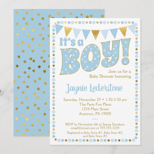 Oro azul es un niño puntos de invitación a Baby Sh (Anverso / Reverso)