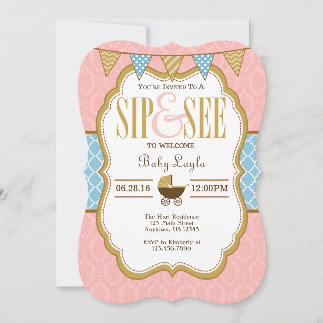 Oro Azul Rosa Sip Y Ver Invitación (Anverso)