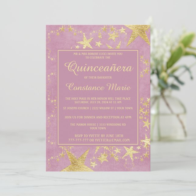 Oro brillante en la invitación a la quinceañera ro (Anverso de pie)