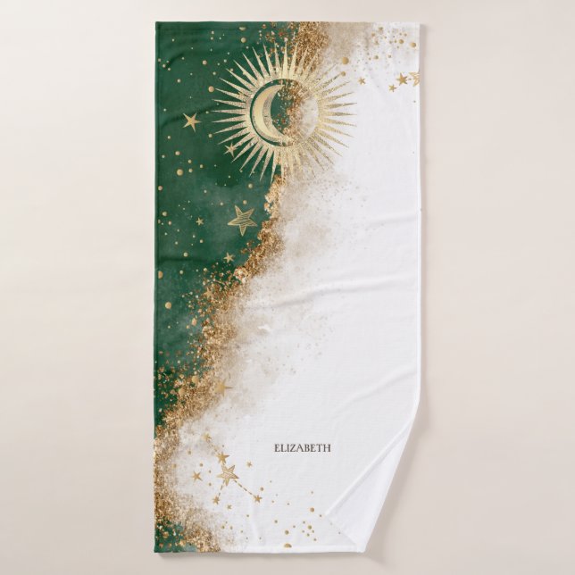 Oro Celestial Sol Y Luna Estrellas Verde (Toalla de baño)