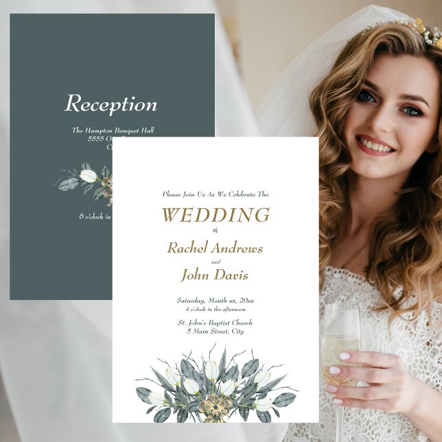 Oro con la invitación a la boda verde Tulipanes bl (Gold With Green Wedding Invitation White Tulips)