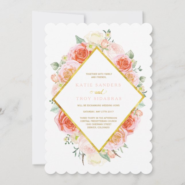 Oro, coral, melocotón e invitaciones rosadas de la (Anverso)