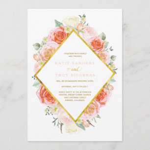 Oro, coral, melocotón e invitaciones rosadas de la