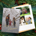 oro de collage de fotos Guión de navidad<br><div class="desc">Elegante guión falso dorado overlay 4 personalizado multi foto nombre de familia y texto personalizado Navidades tarjeta de vacaciones.</div>