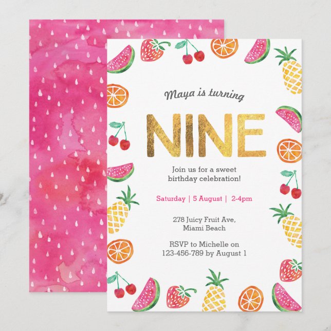 Oro de Fruta Tropical Invitación de cumpleaños 9 (Anverso / Reverso)