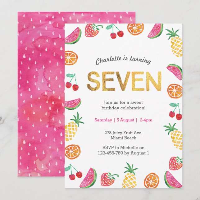 Oro de Fruta Tutti Tropical Invitación de cumpleañ (Anverso / Reverso)