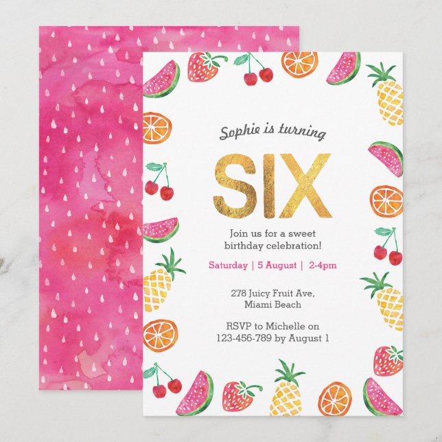 Oro de Fruta Tutti Tropical Invitación de cumpleañ (Anverso / Reverso)