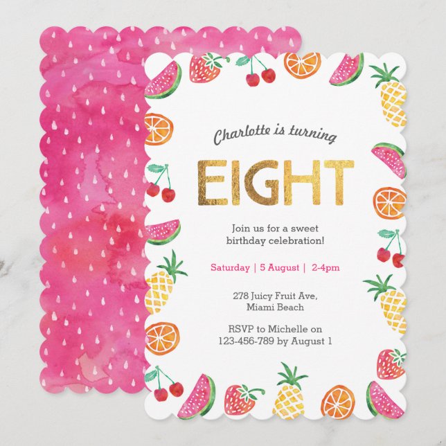 Oro de Fruta Tutti Tropical Invitación de cumpleañ (Anverso / Reverso)