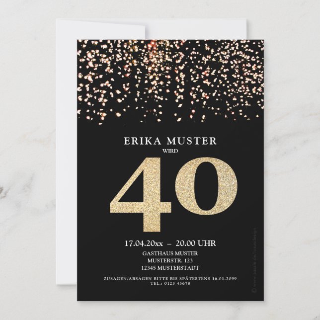 Oro diseño negro invitaciones 40. Cumpleaños (Anverso)