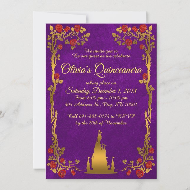 Oro e invitación púrpura de Quinceanera del cuento (Anverso)