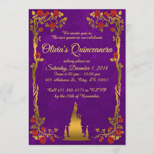 Oro e invitación púrpura de Quinceanera del cuento