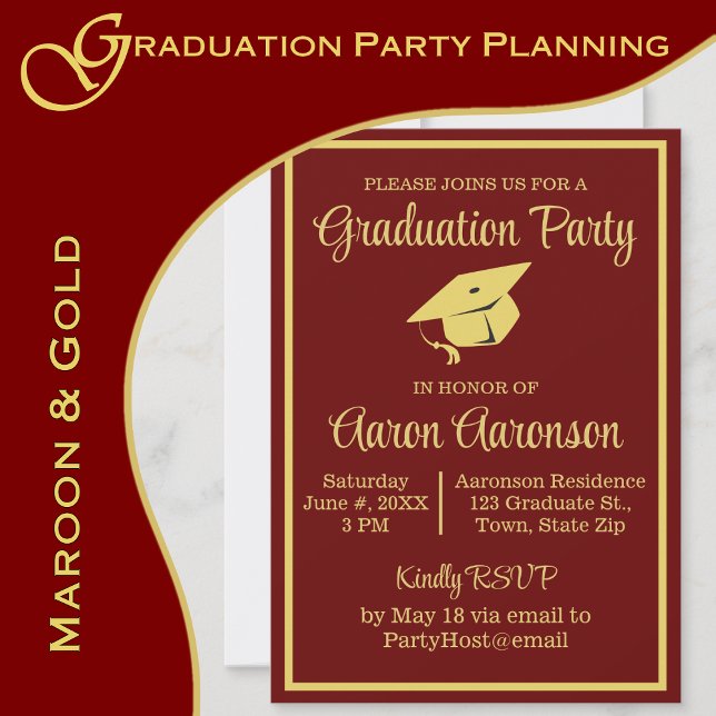 Oro elegante de estilo clásico en foto de graduaci (A maroon and gold color scheme brings elegance to your graduation party.  www.greencarbon2112.com)