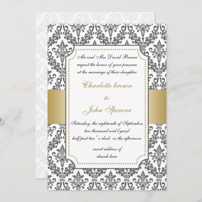 oro elegante, invitación a la boda damasco (Anverso / Reverso)