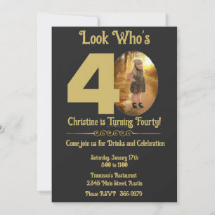 Oro en negro con foto 40 cumpleaños de invitación
