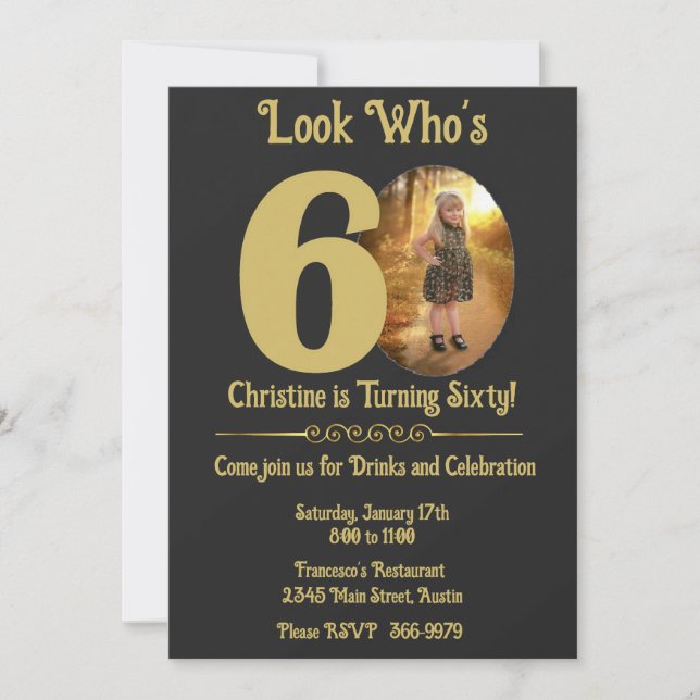 Oro en negro con foto 60 cumpleaños de invitación (Anverso)