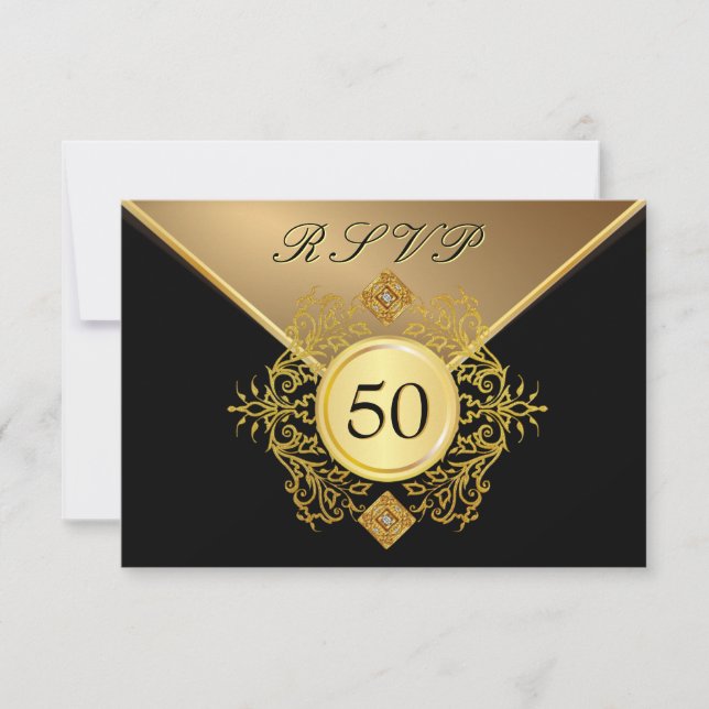 Oro formal Negro 50 aniversario de cumpleaños RSVP (Anverso)