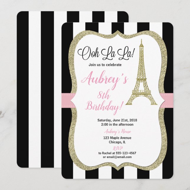 Oro francés del rosa del chica de la invitación (Anverso / Reverso)