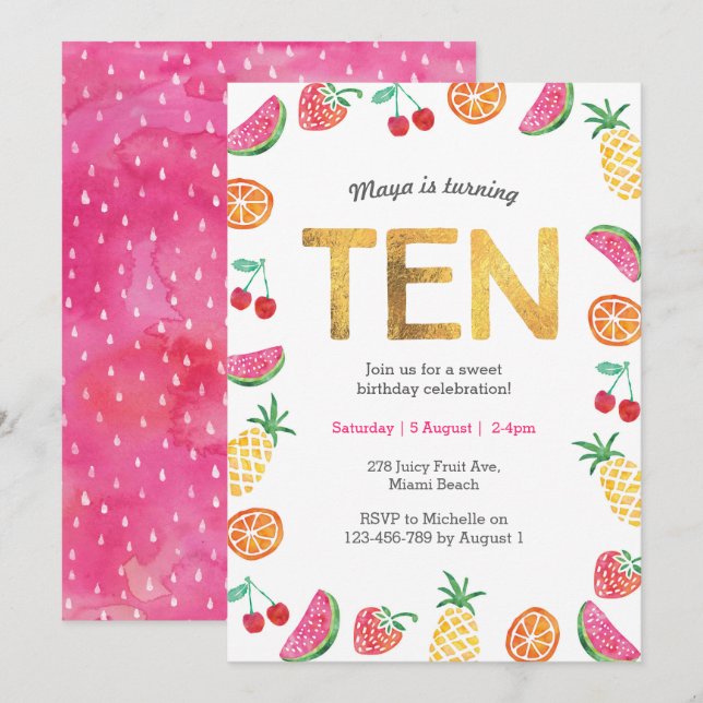 Oro Fruta Tropical Invitación a los 10 Años (Anverso / Reverso)