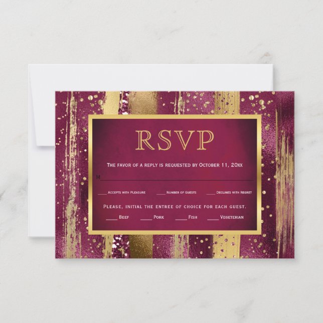 Oro, golpes de burdeos, tarjeta RSVP de boda de co (Anverso)