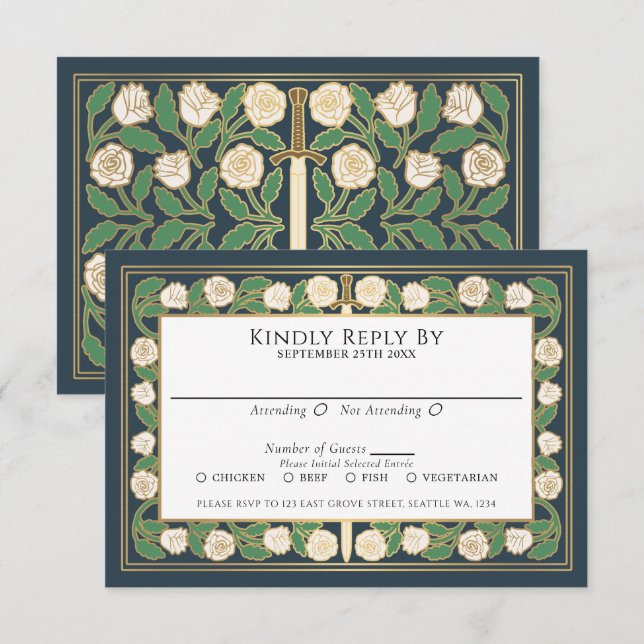 Oro Gris Tarjeta de RSVP de Boda Real con Espada F (Anverso / Reverso)