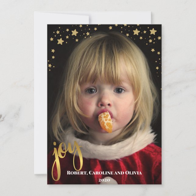 Oro JOY and Stars | Tarjeta de vacaciones fotográf (Anverso)