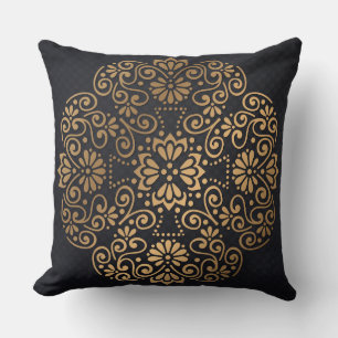 Oro Mandala y almohada negra decorativa