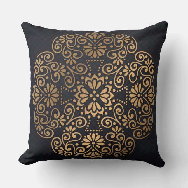 Oro Mandala y almohada negra decorativa (Anverso)