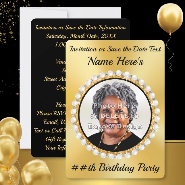 Oro Negro, Invitaciones de cumpleaños con FOTO, Gu (Black and gold, elegant save the dates. Gold and black birthday invitations. Photo birthday invites.)