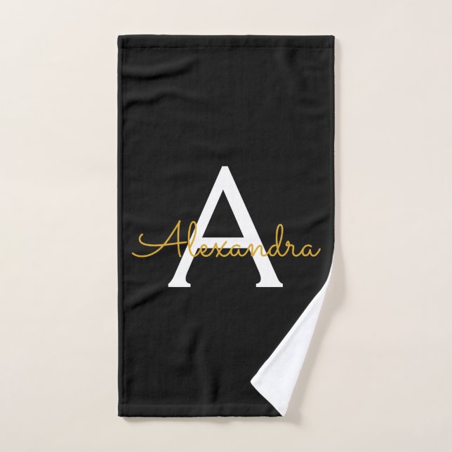 Oro Negro Nombre Monograma Moderno Script Femenino (Toalla de mano)