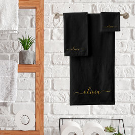 Oro Negro Nombre Monograma Moderno Script Femenino