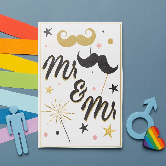 Oro negro Sr. Mustache Invitación a la boda gay (Presenting an elegant gay wedding invitation in black, gold and soft pink. )