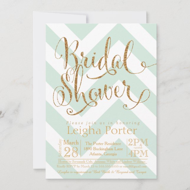 Oro nupcial Chevron de la menta de la invitación (Anverso)