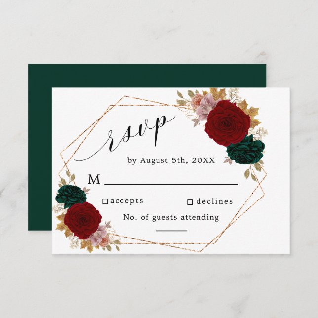 Oro otoñal Burgundy Emerald Greeny Floral RSVP (Anverso / Reverso)