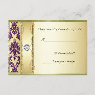 Oro P1 en la tarjeta púrpura de RSVP del damasco