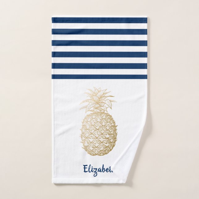 Oro Pineapple Navy Azul franja blanca (Toalla de mano)