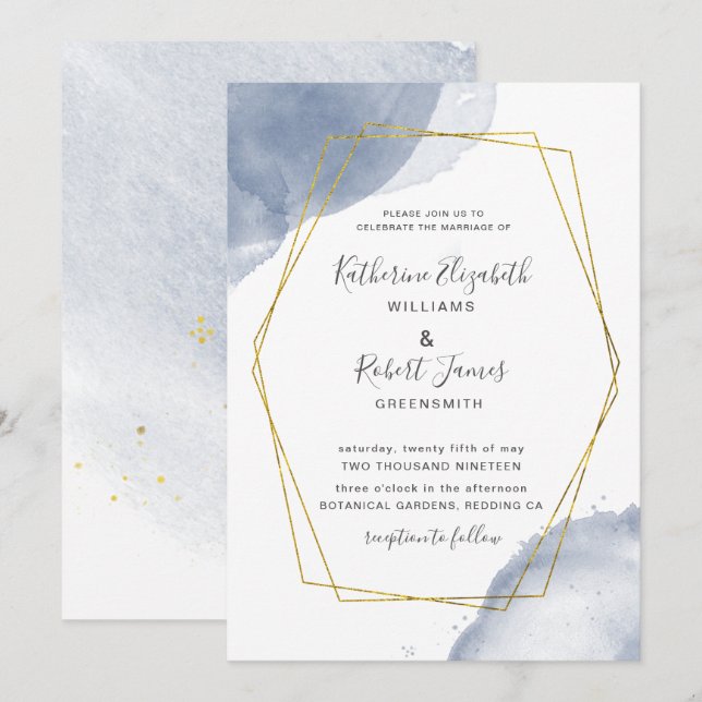 oro polvoriento elegante azul Boda Invitación (Anverso / Reverso)