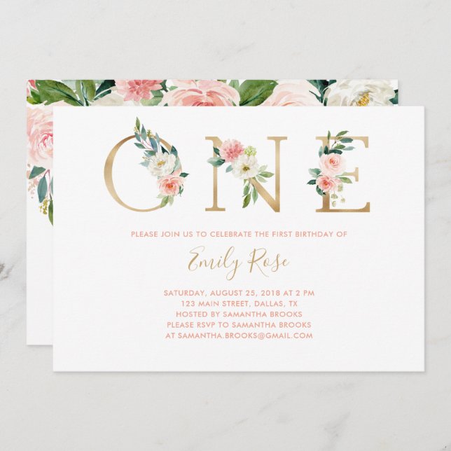 Oro rosa floral 1er cumpleaños invitación a fiesta (Anverso / Reverso)