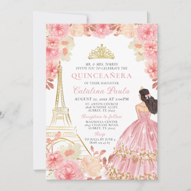 Oro rosa Tiara Paris Quinceañera Invitación (Anverso)