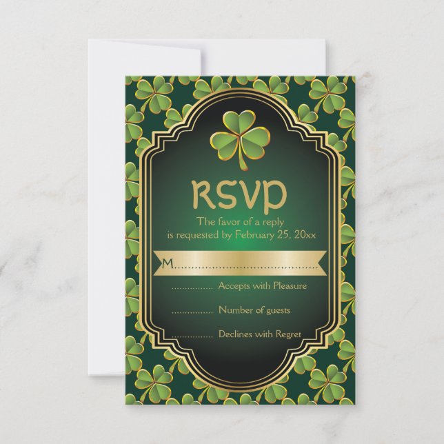 Oro, trébol irlandés verde y boda de marco RSVP (Anverso)