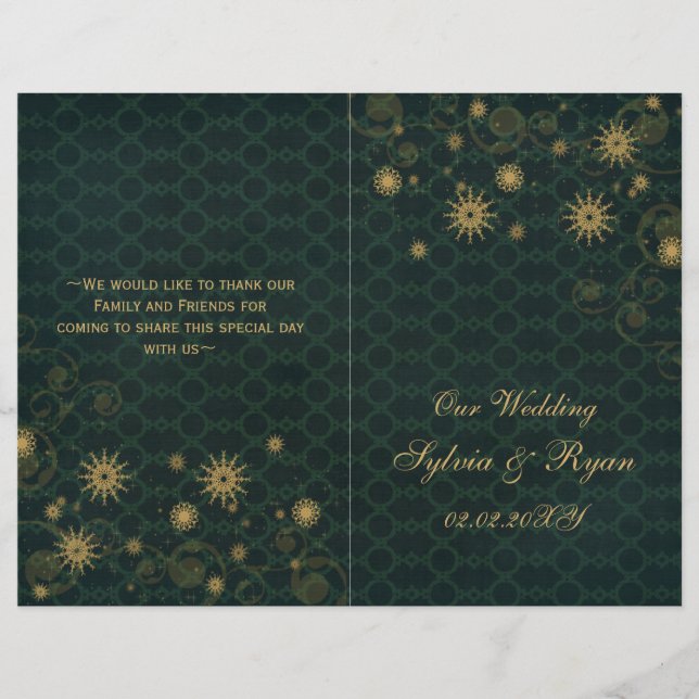 oro verde Programas de boda Snowflakes plegados (Anverso)