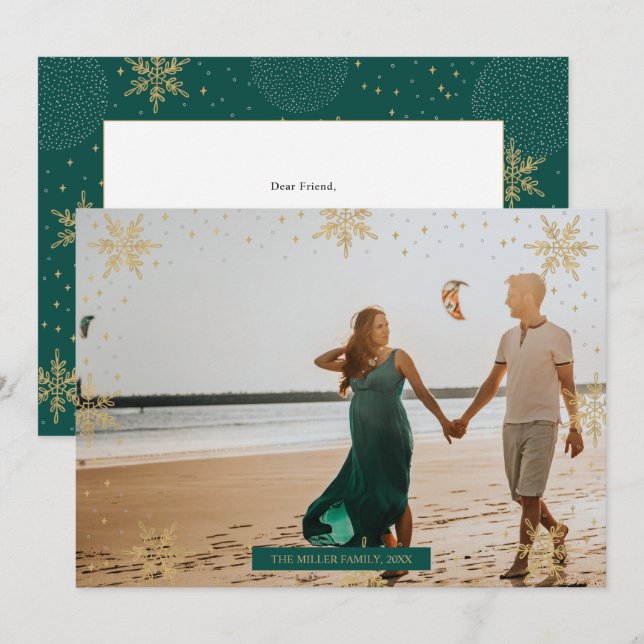 Oro & Verde | Tarjeta de Navidad de Foto Moderna d (Anverso / Reverso)