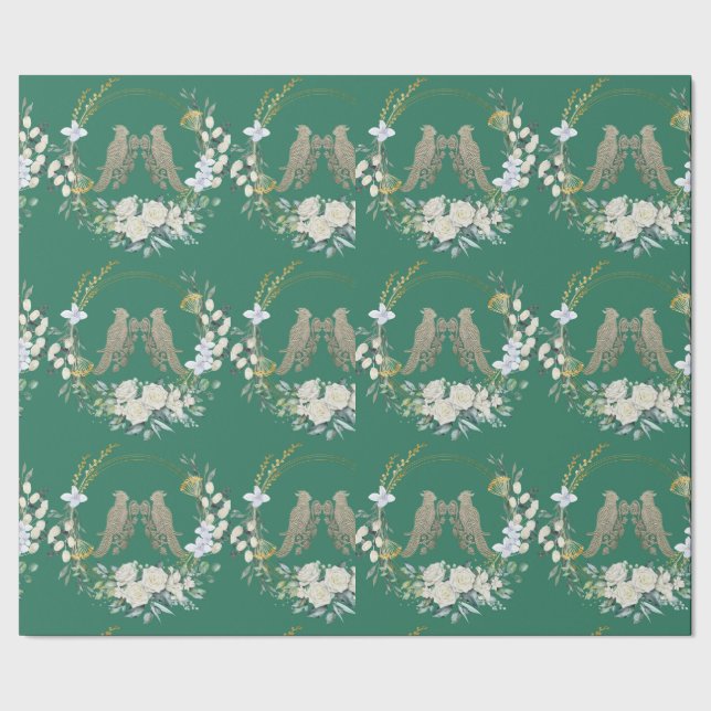 Oro verde y pájaros blancos rosas papel de envolve (Costura)